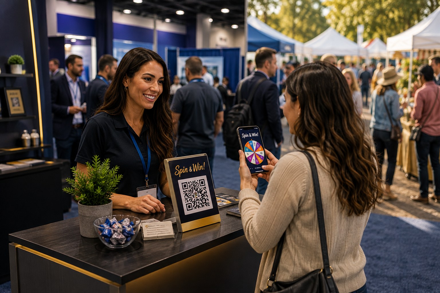 Exhibitor at a trade show and festival booth with a digital Spin and Win experience