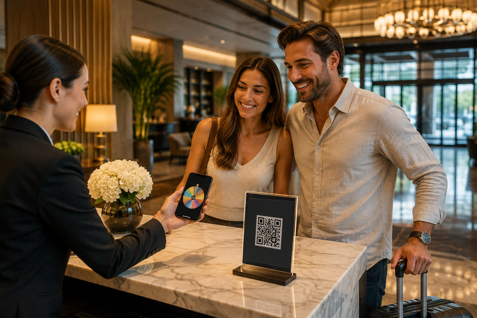 Hotel guests interacting with a digital Spin and Win QR display