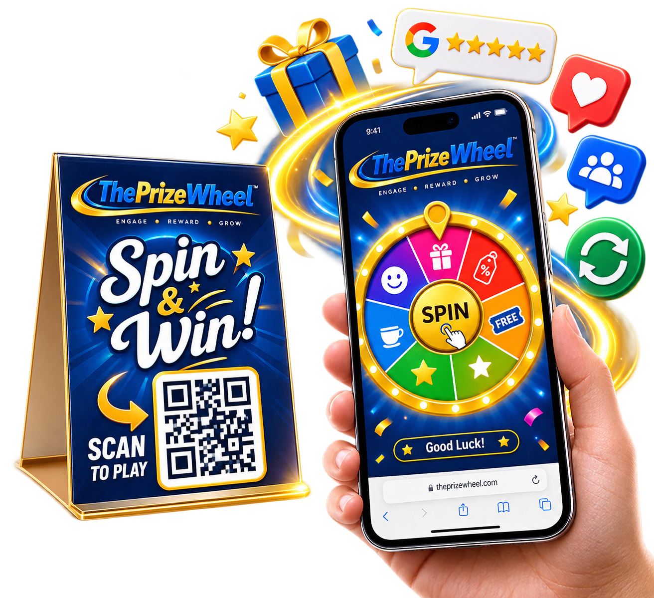 QR table tent and digital Spin & Win wheel on a smartphone