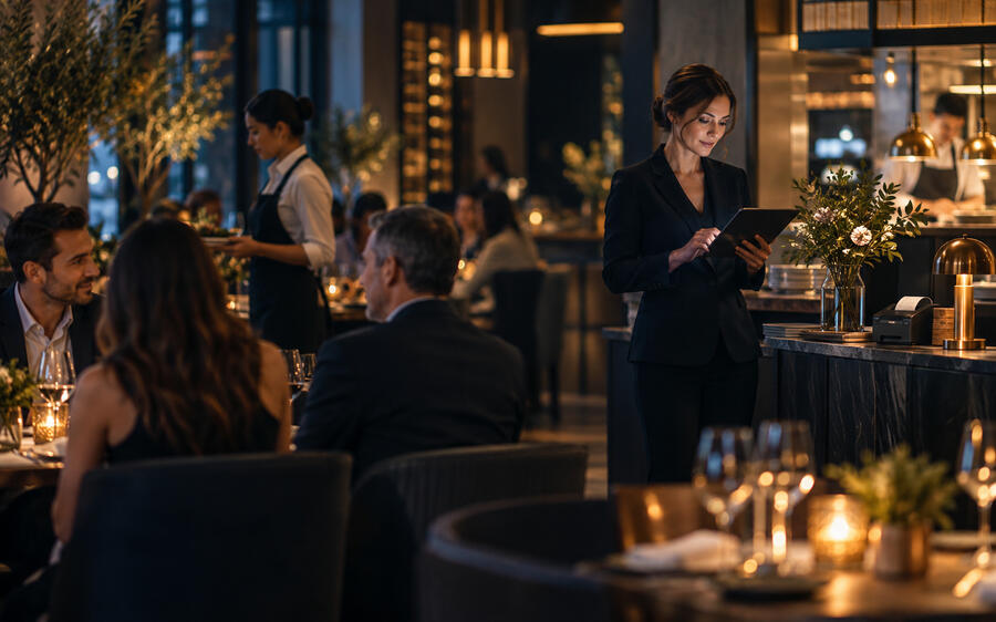 Guests enjoying dinner in a restaurant dining room